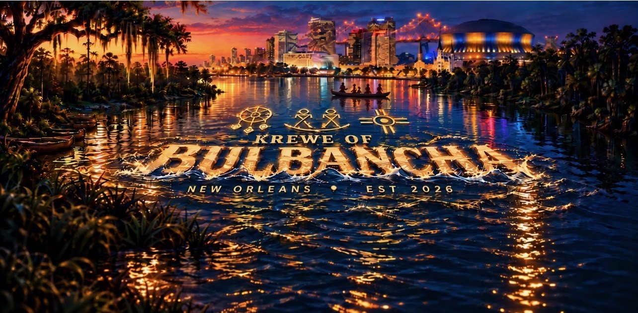 Krewe of Bulbancha, New Orleans, established 2026: the name lit gold on the water at dusk, with the skyline, the bridge and the Superdome beyond